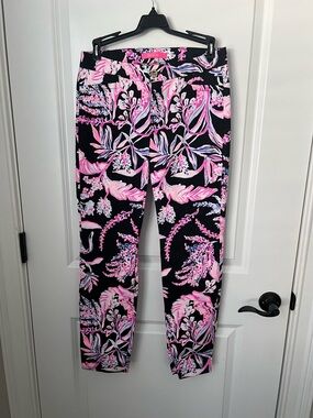 Lilly Pulitzer Black Ponte Pants with Pink and Lavender Floral Print.